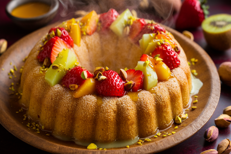 Un gâteau de semoule doré et moelleux servi sur une assiette décorative, garni de raisins secs et saupoudré de sucre glace, prêt à être dégusté