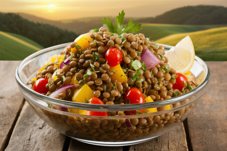 Une assiette de salade de lentilles fraîche et colorée, avec des légumes croquants et une vinaigrette maison