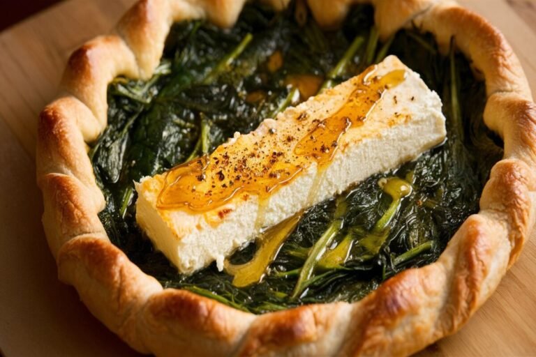 Tarte chèvre épinard fraîchement préparée, garnie d'épinards verts et de fromage de chèvre émietté, servie sur une assiette rustique