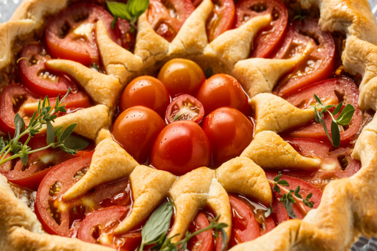 Tarte Soleil magnifiquement présentée, avec des rayons torsadés de pâte feuilletée dorée, garnie de fromage et d'herbes fraîches, servie sur un plateau élégant