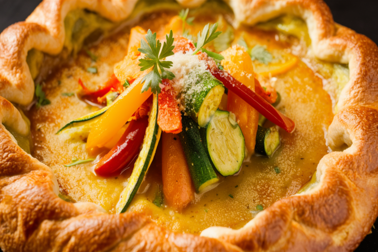 Une tarte aux légumes colorée et appétissante, garnie de tomates, courgettes et poivrons sur une pâte croustillante