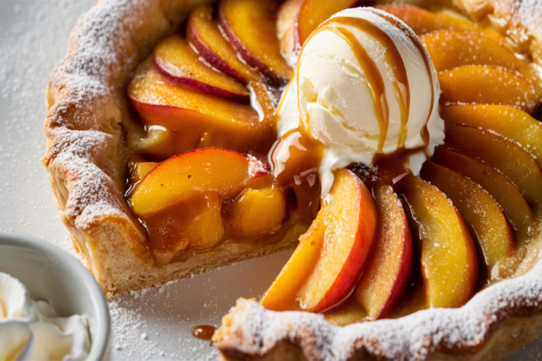 Délicieuse tarte aux pêches fraîches, garnie de tranches juteuses de fruits mûrs, sur une croûte dorée et croustillante