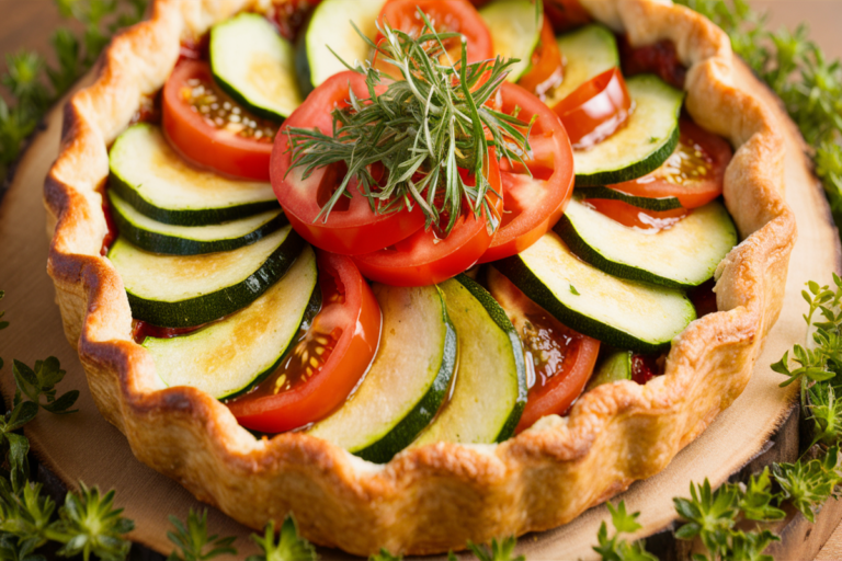 Tarte courgette tomate fraîchement préparée, illustrant une cuisine méditerranéenne saine et colorée