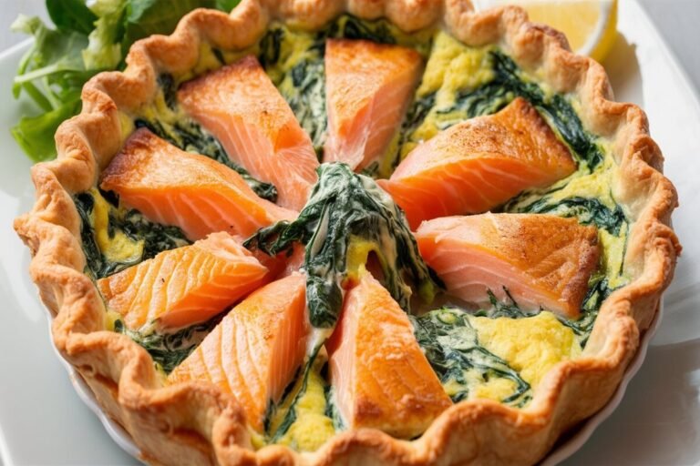 Une quiche saumon poireaux fraîchement cuite, servie sur une table en bois rustique, garnie de rondelles de saumon rose et de morceaux de poireaux verts, illustrant une recette savoureuse et élégante.